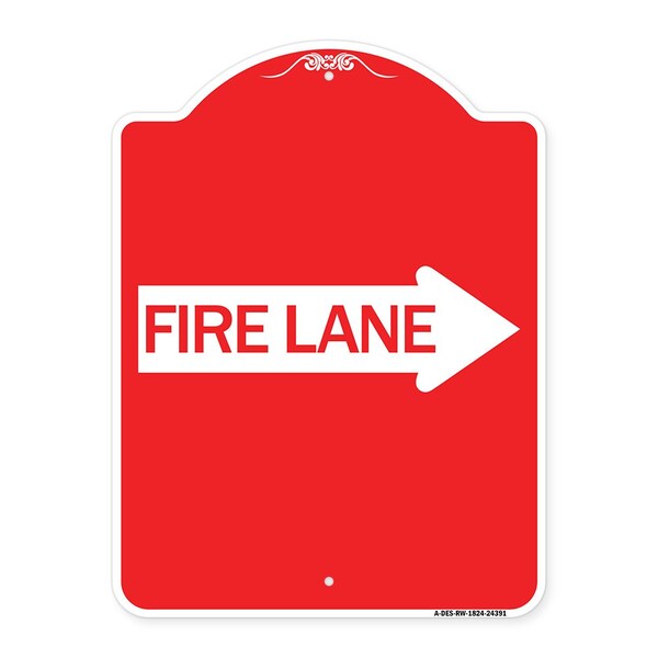 Designer Series Sign-Fire Lane Right Arrow, Red & White Aluminum Sign, 18" x 24", RW-1824-24391